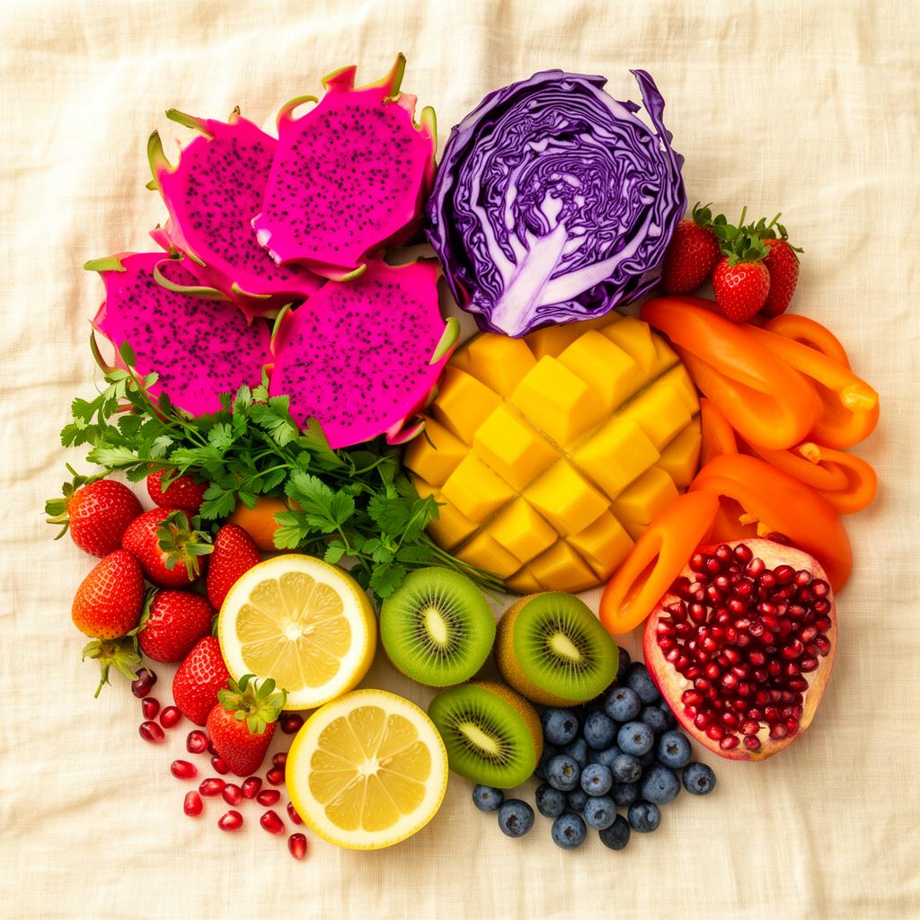 A rainbow of fresh plant-based fruits and vegetables